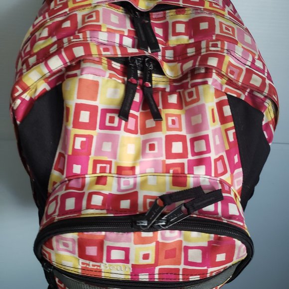 LL BEAN abstract design Backpack pink red yellow white black reflective strip + - Picture 4 of 11